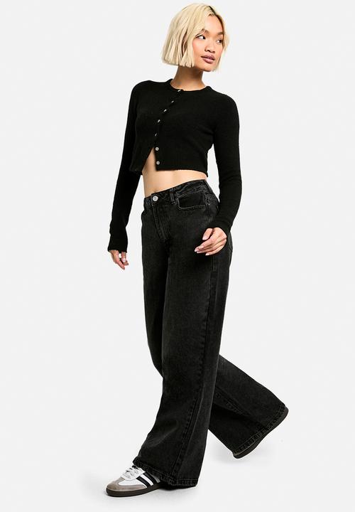 boohoo - Basics High Waisted Wide Leg Jeans in Washed Black - washed black