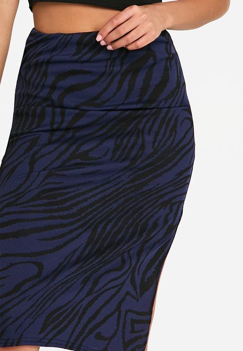 boohoo - Zebra Print Rib Side Split Midi Skirt - Navy