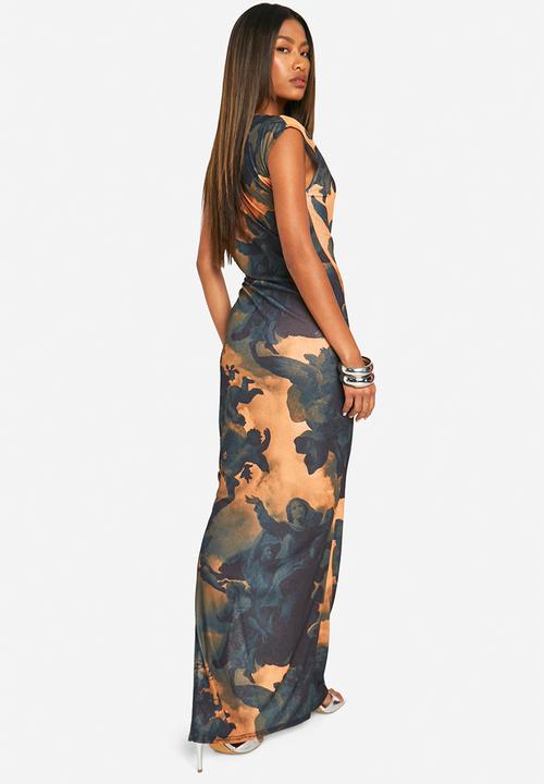 boohoo - Printed Sheer Slash Neck Cap Sleeve Maxi Dress - Multi