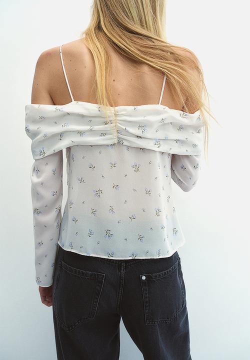 H&M - Off-the-shoulder chiffon top - white,multi
