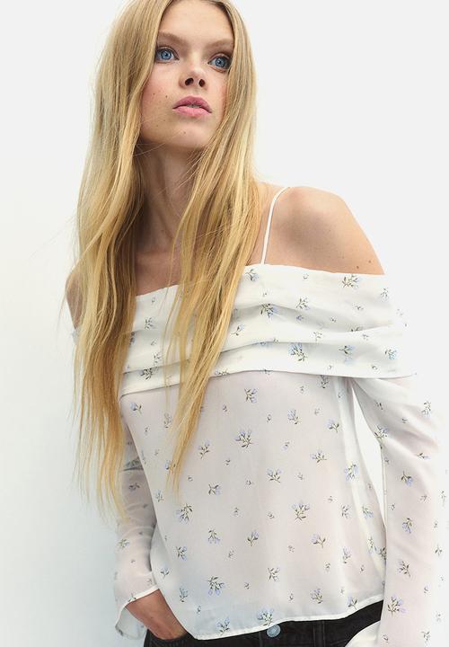 H&M - Off-the-shoulder chiffon top - white,multi