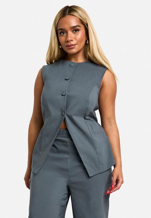 boohoo - Plus Super Stretch Longline Waistcoat & Straight Leg Trouse - slate grey