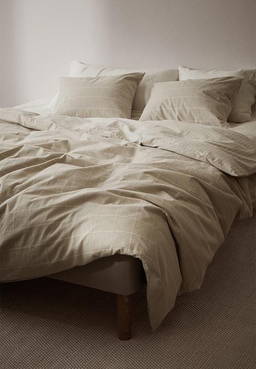 H&M - Flannel double/king duvet cover set - light beige/checked 
