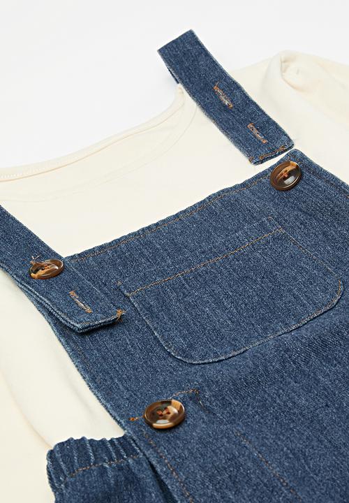 Pop Candy - Dungaree dress & tee set - blue & stone