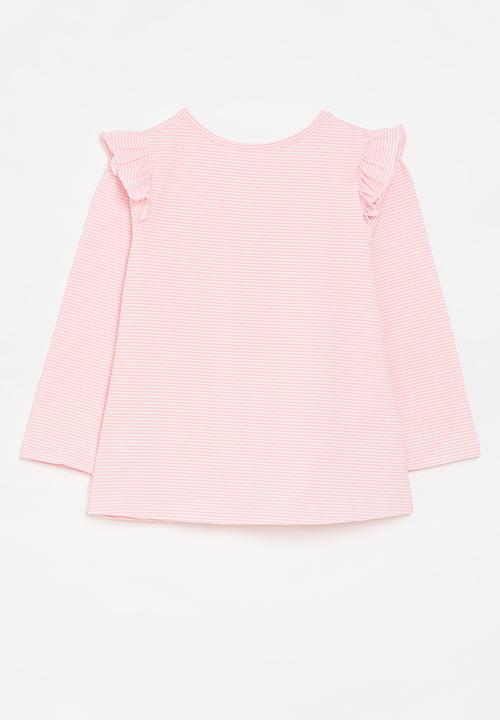 Pop Candy - Striped frilled sleeve tee - pink & white