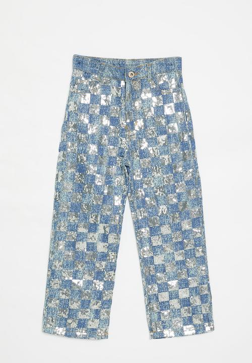 Pop Candy - Mettalic checker board jeans - blue & grey