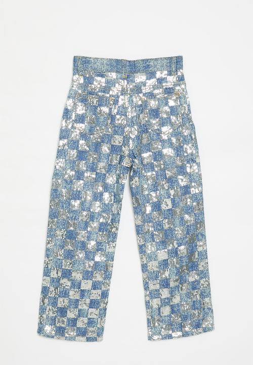 Pop Candy - Mettalic checker board jeans - blue & grey