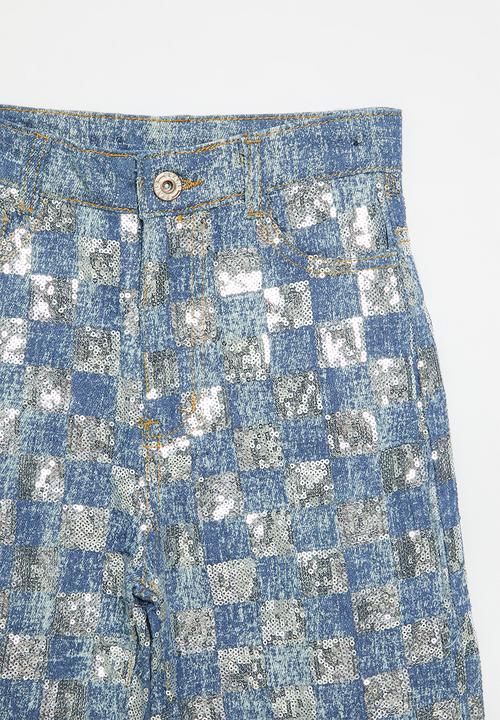 Pop Candy - Mettalic checker board jeans - blue & grey