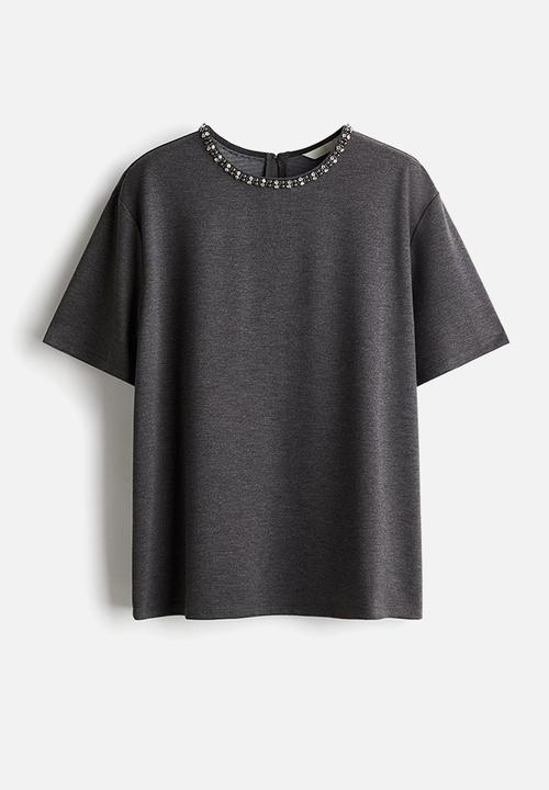 H&M - Embellished T-shirt - dark grey marl 