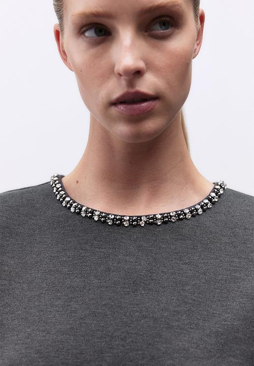 H&M - Embellished T-shirt - dark grey marl 