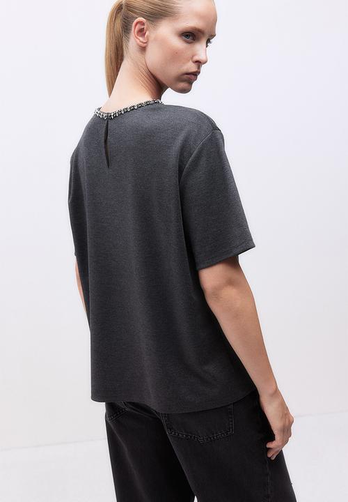 H&M - Embellished T-shirt - dark grey marl 
