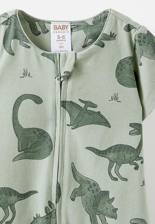 Cotton On - The short sleeve zip romper - deep sage/dino stomp