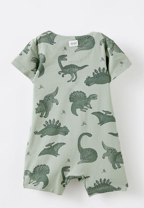 Cotton On - The short sleeve zip romper - deep sage/dino stomp