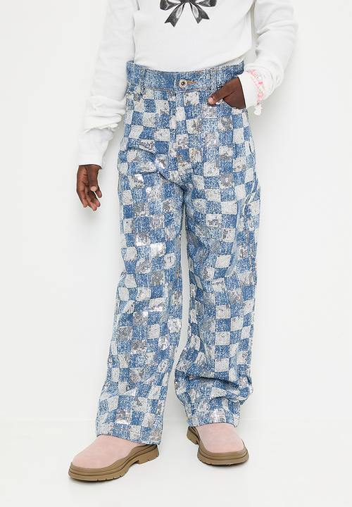 Pop Candy - Mettalic checker board jeans - blue & grey