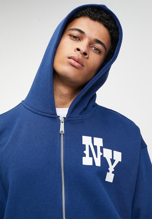 Cotton On - Box Fit Graphic Zip Up Hoodie - Limoges Blue/Ny Letter
