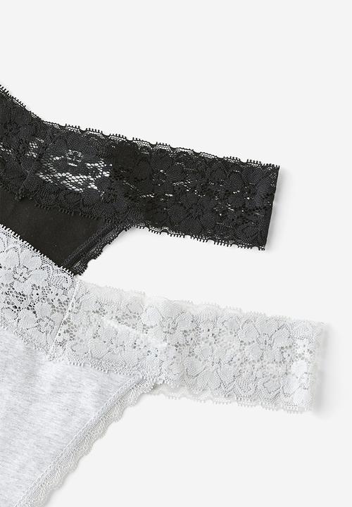 Cotton On - Everyday Lace Comfy G String 2Pk - Black/Grey Marle