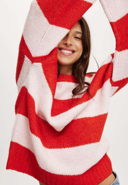 Cotton On - Luxe crew pullover - red poppy/ pink stripe