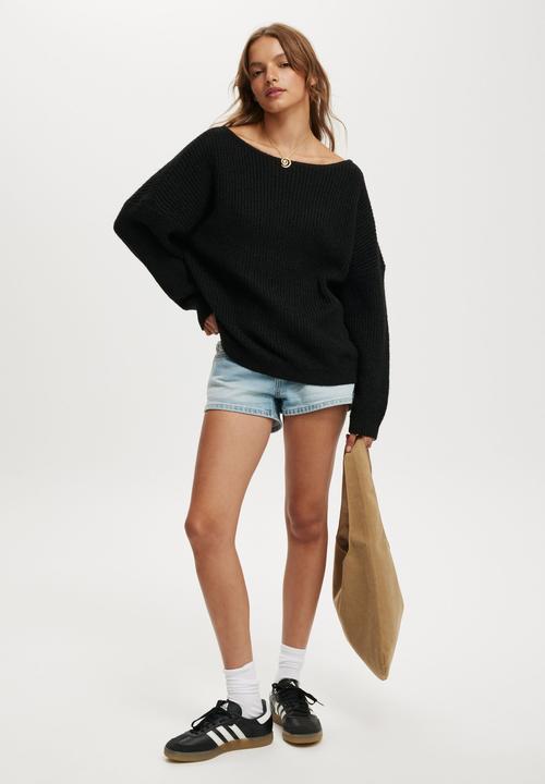 Cotton On - Luxe rib boatneck off shoulder - black