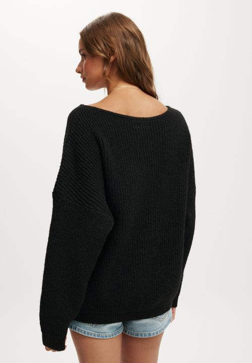 Cotton On - Luxe rib boatneck off shoulder - black