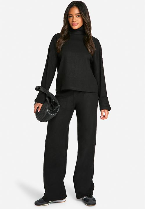 boohoo - Brushed Rib Wide Leg Trousers - Black