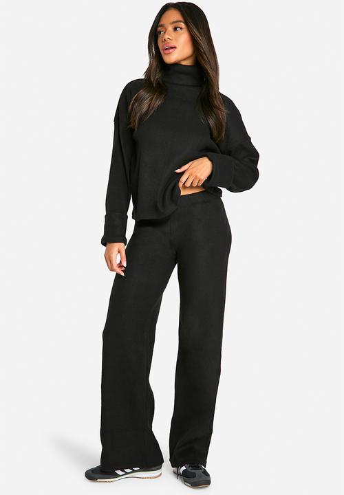 boohoo - Brushed Rib Wide Leg Trousers - Black