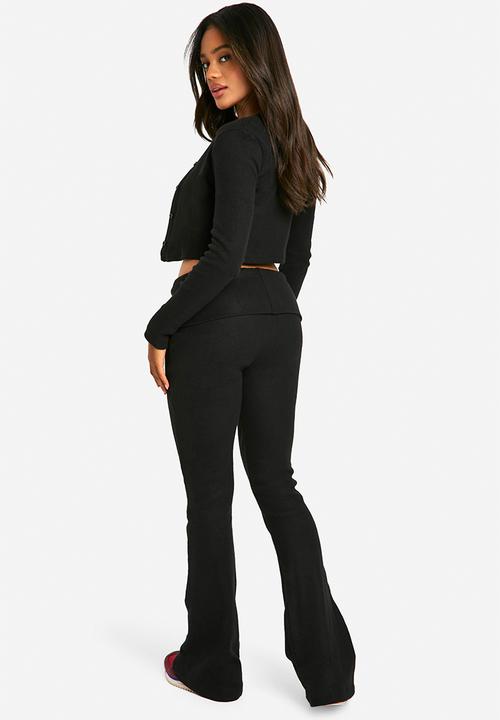 boohoo - Brushed Rib Foldover Waistband Flare Trousers - Black