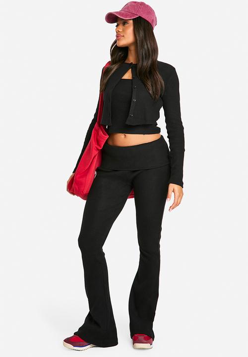 boohoo - Brushed Rib Foldover Waistband Flare Trousers - Black