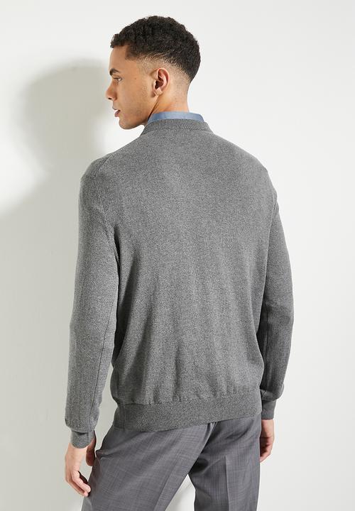 POLO - Mens Essential Cotton Crew Long Sleeve Knitwear - Charcoal Melange