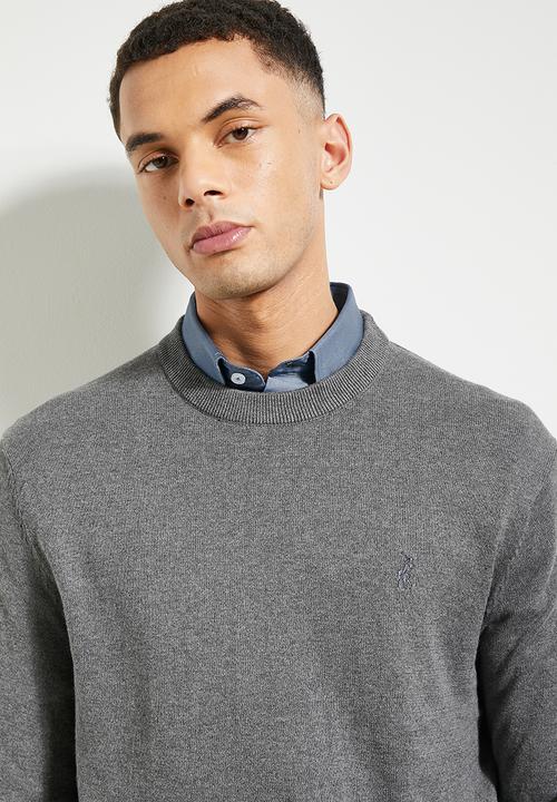 POLO - Mens Essential Cotton Crew Long Sleeve Knitwear - Charcoal Melange