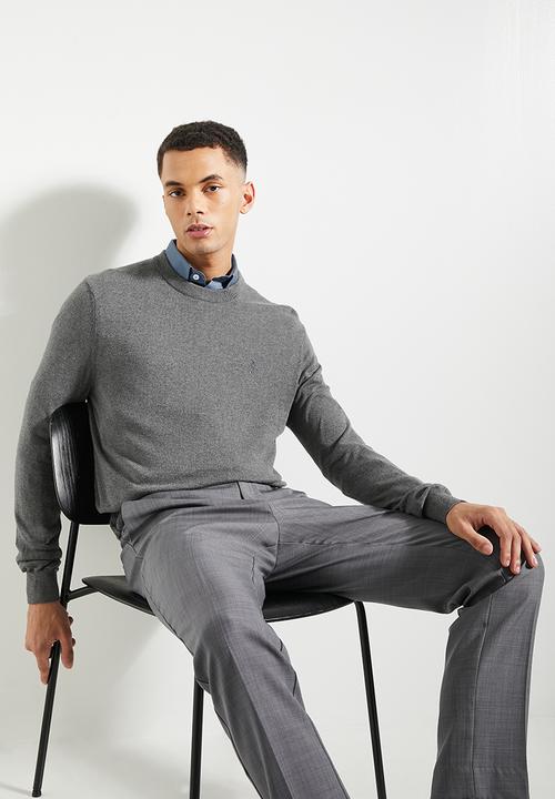 POLO - Mens Essential Cotton Crew Long Sleeve Knitwear - Charcoal Melange