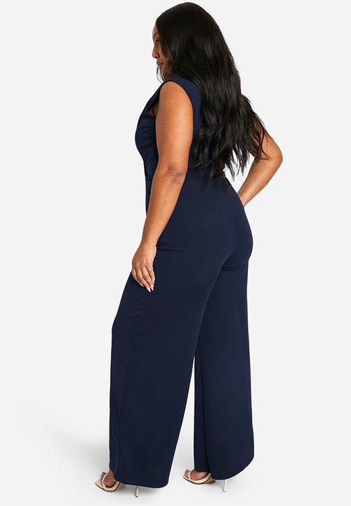 boohoo - Plus Wrap Over Waist Coat Wide Leg Jumpsuit - Navy