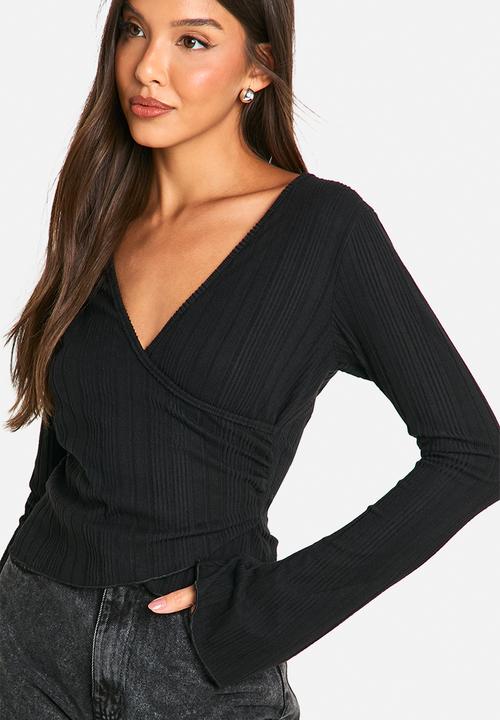 boohoo - Brushed Rib Wrap Front Long Sleeve Top - Black