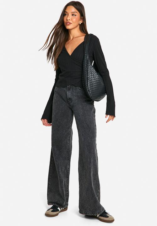 boohoo - Brushed Rib Wrap Front Long Sleeve Top - Black