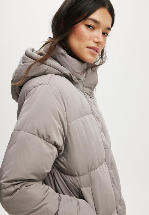 Cotton On - The Mother Puffer Removable Hood Jacket - Desert Grey