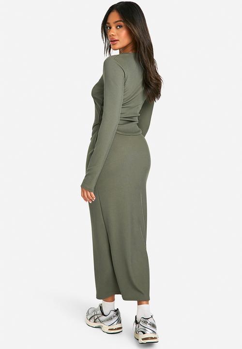 boohoo - Rib Midaxi Skirt - Khaki