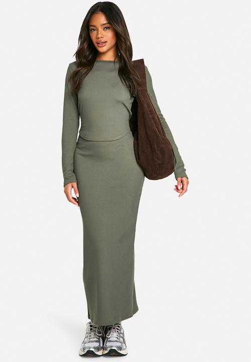 boohoo - Rib Midaxi Skirt - Khaki