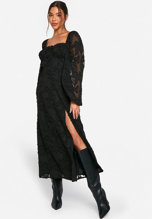 boohoo - Burnout Floral Milkmaid Skater Dress - Black