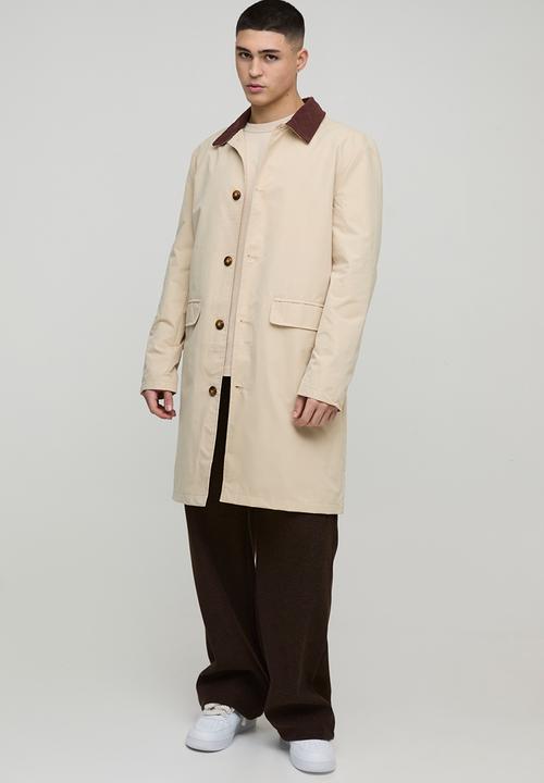 boohooMAN - Cord Collar Button Through Mac - Sand