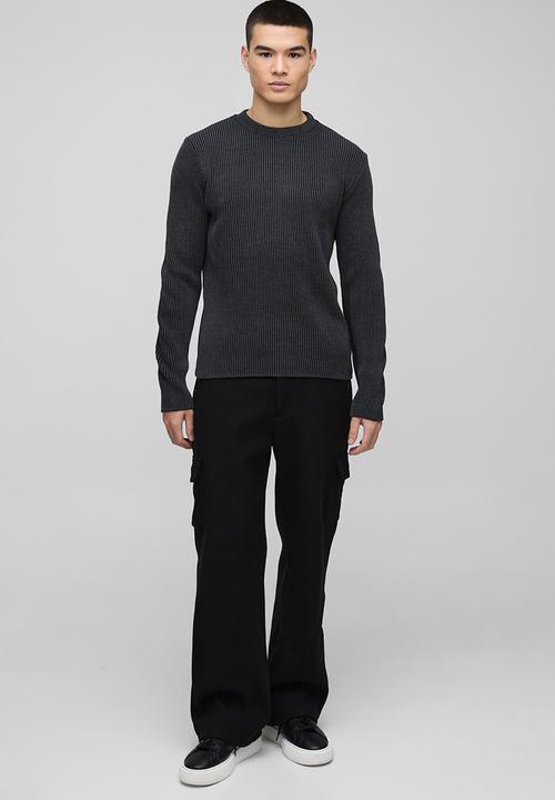 boohooMAN - Regular Crew Neck Plated Ribbed Knit Jumper - Black