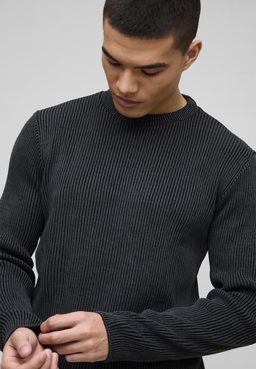boohooMAN - Regular Crew Neck Plated Ribbed Knit Jumper - Black