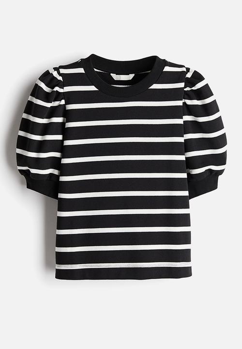 H&M - Puff-sleeved top - - black/white striped 