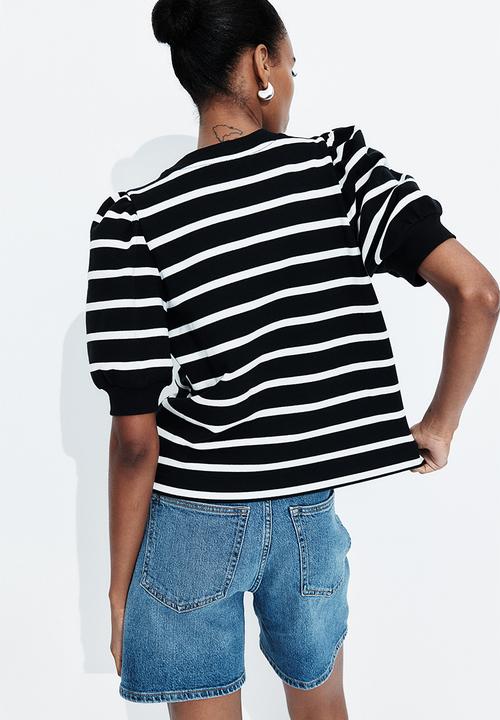 H&M - Puff-sleeved top - - black/white striped 