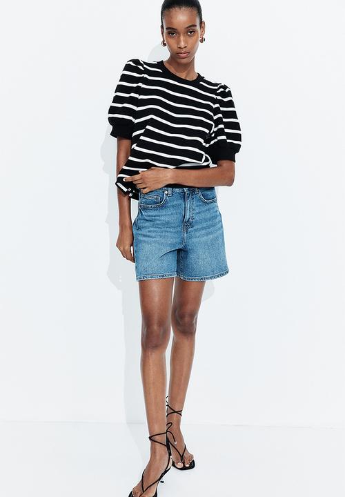 H&M - Puff-sleeved top - - black/white striped 
