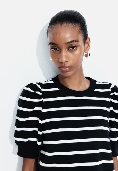 H&M - Puff-sleeved top - - black/white striped 