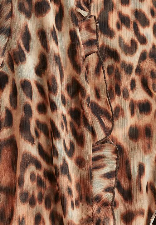 H&M - Tie-detail chiffon blouse - light beige/leopard print