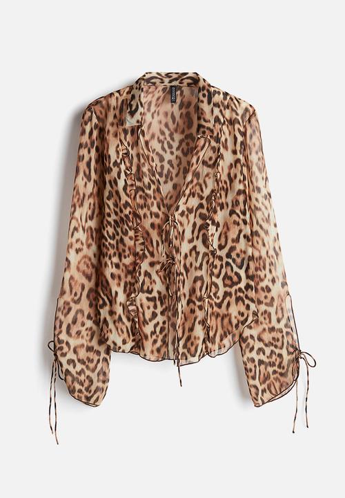 H&M - Tie-detail chiffon blouse - light beige/leopard print