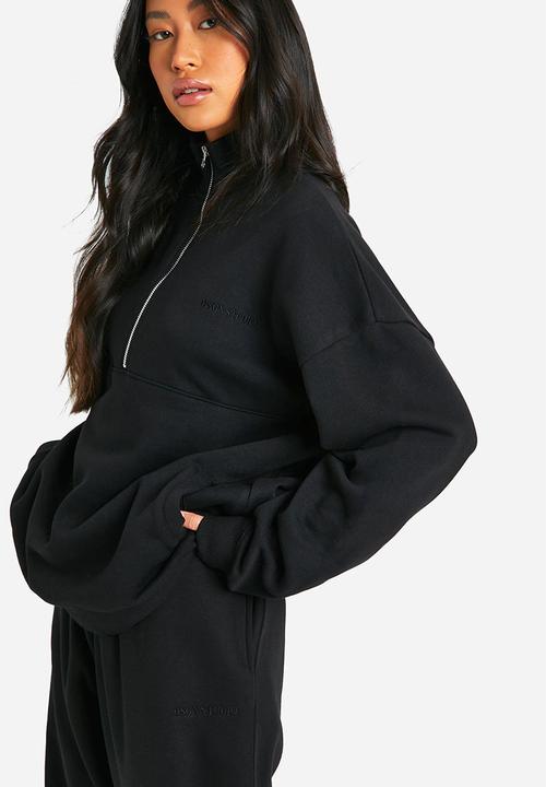 boohoo - Dsgn Studio Embroidered Half Zip Oversized Sweatshirt - black