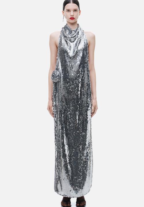 Magda Butrym H&M: Sequined rose-appliqud maxi dress - silver-coloured -  1261821001