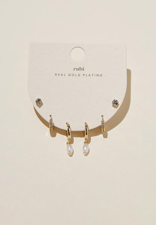Rubi - 3 pack small earring- gold plated fine pearl diamante
