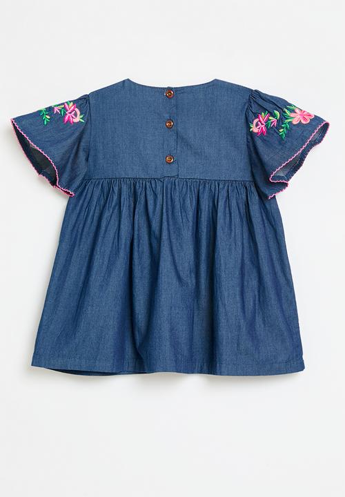 Pop Candy - Floral applique denim dress-blue